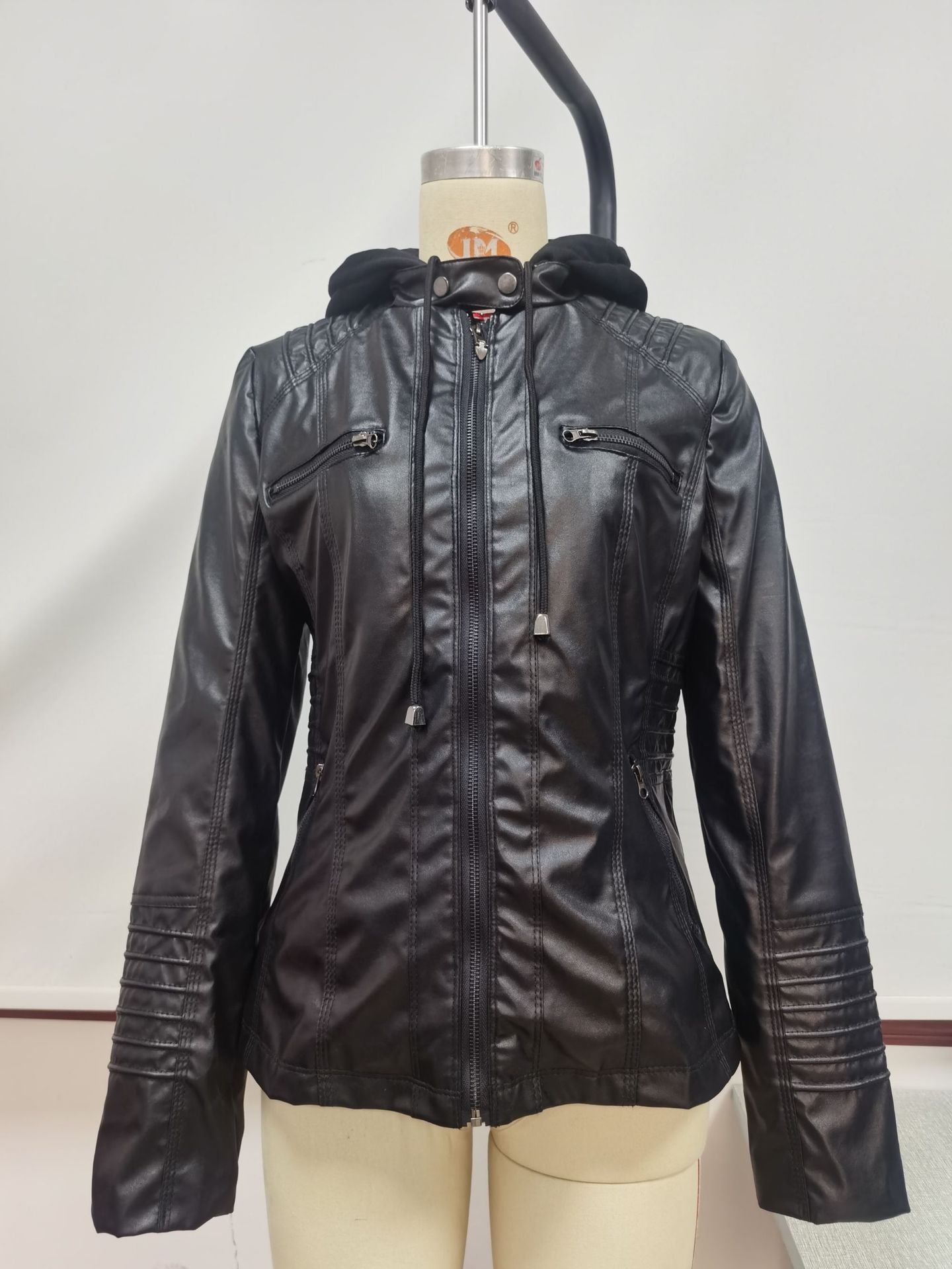 Women's Hooded Faux Leather Biker Jacket, Vintage Washed, Slim Fit