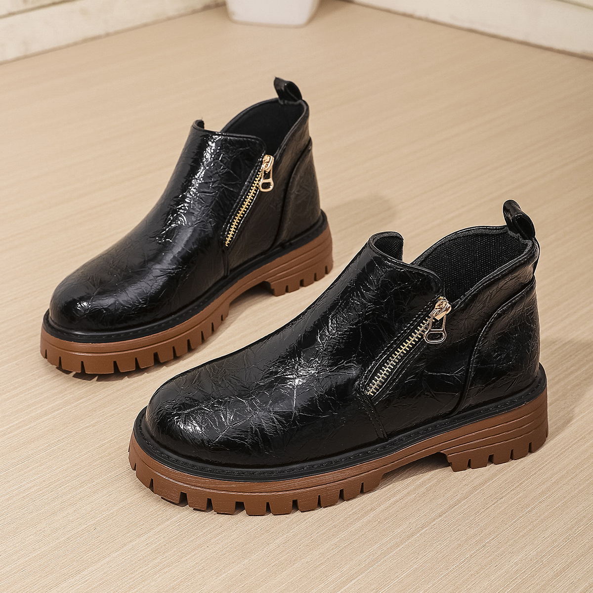 Women's Round Toe Side Zipper Square Heel Synthetic Leather Short Boots