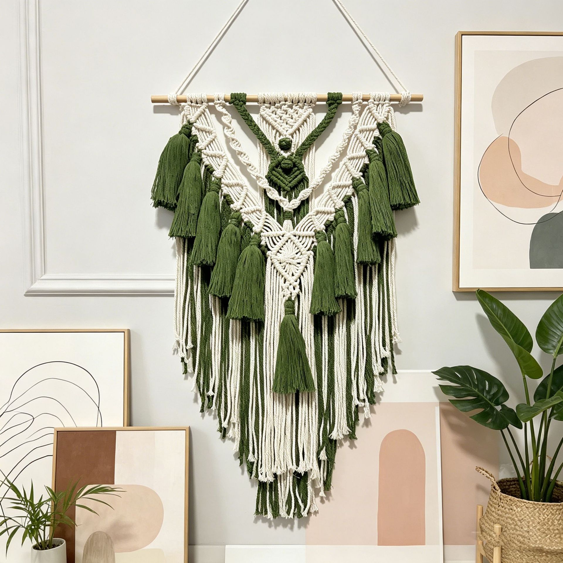 Bohemian-style hand-woven cotton rope fringed tapestry