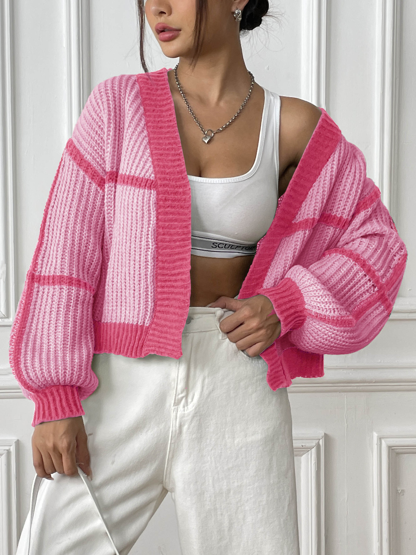Women's Loose Color-Block Knit Cardigan with Lantern Sleeves