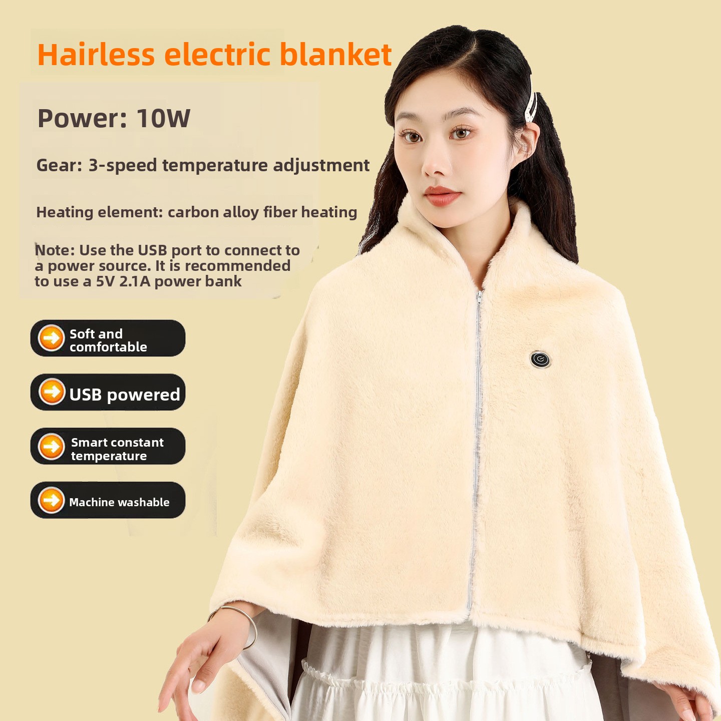 USB Heated Shawl Blanket with Graphene Heating, 3 Heat Levels