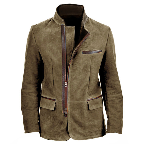 Men's Vintage Stand Collar Zipper Jacket Casual Long Sleeve Outerwear
