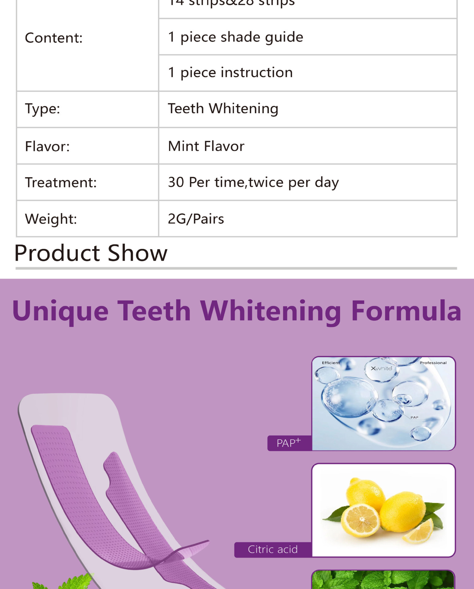 14 Pairs Purple PAP Teeth Whitening Strips Peroxide Gel Kit