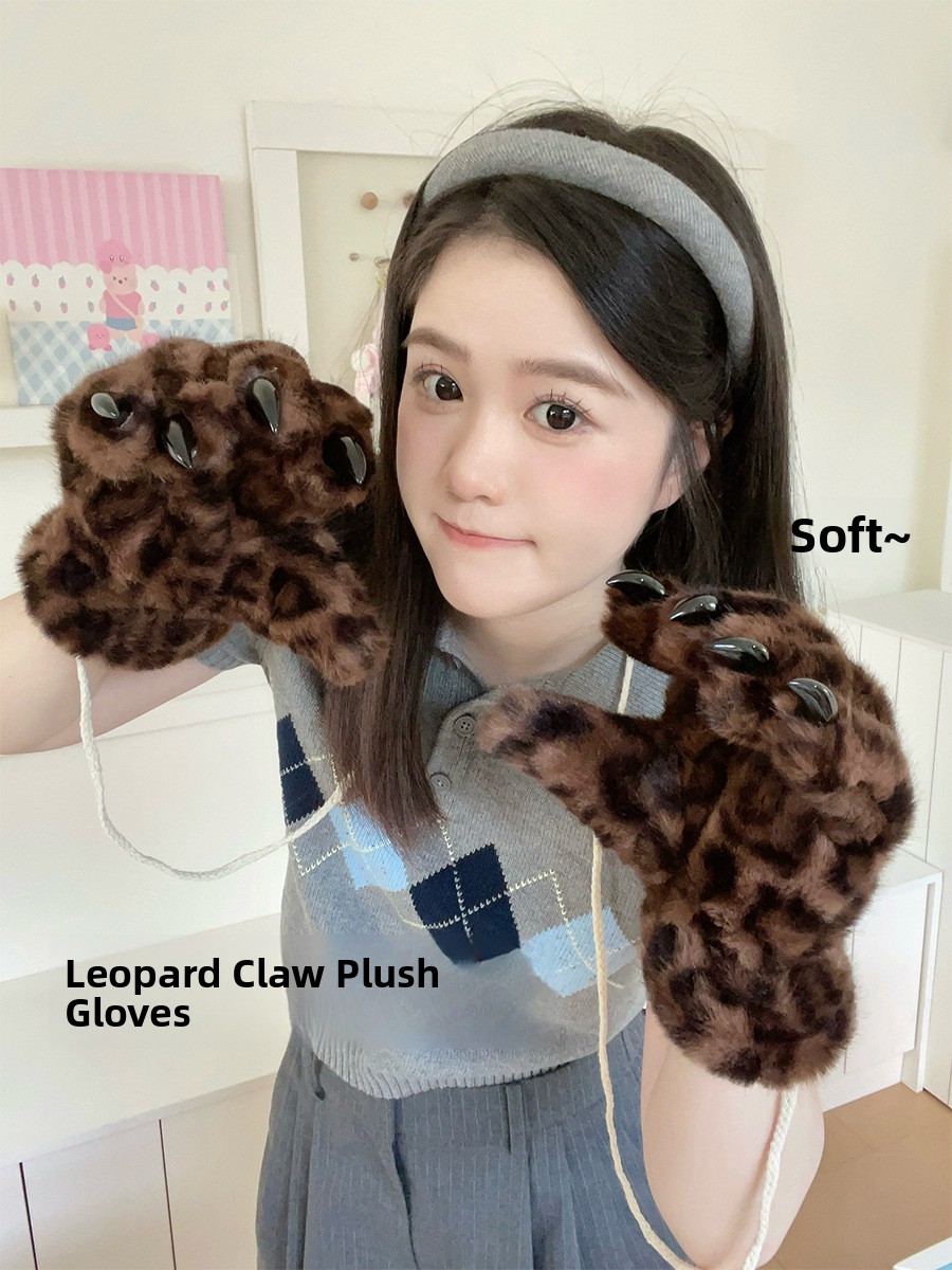 Unisex Leopard Print Plush Winter Gloves, Windproof Full Finger