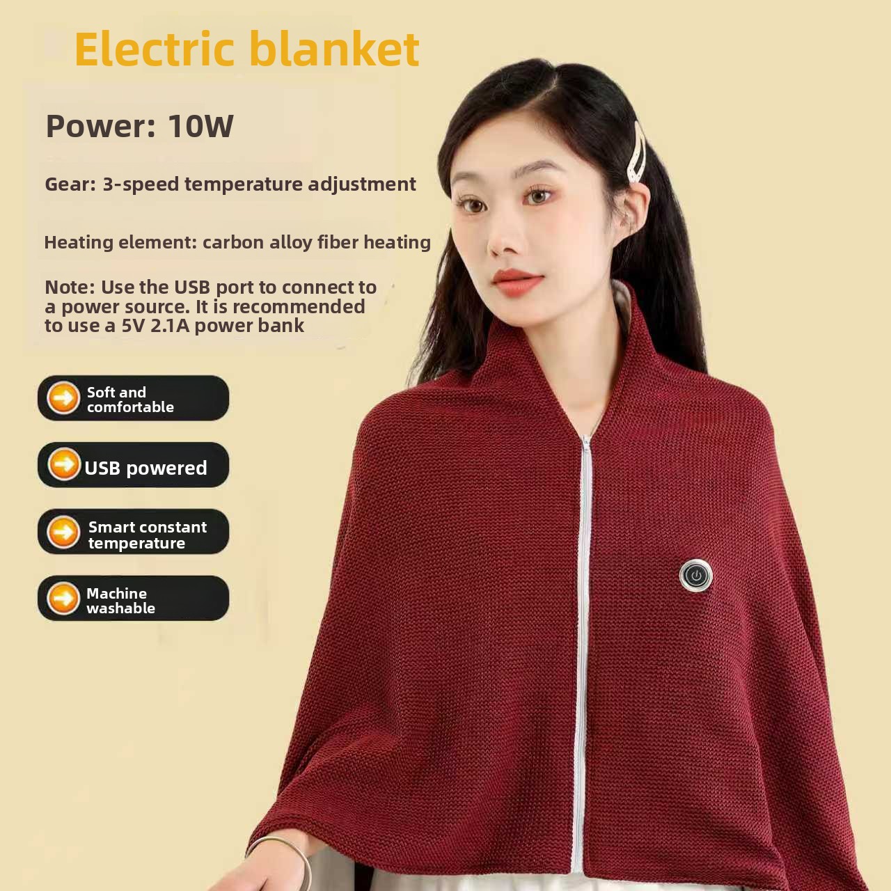 USB Heated Shawl Blanket with Graphene Heating, 3 Heat Levels