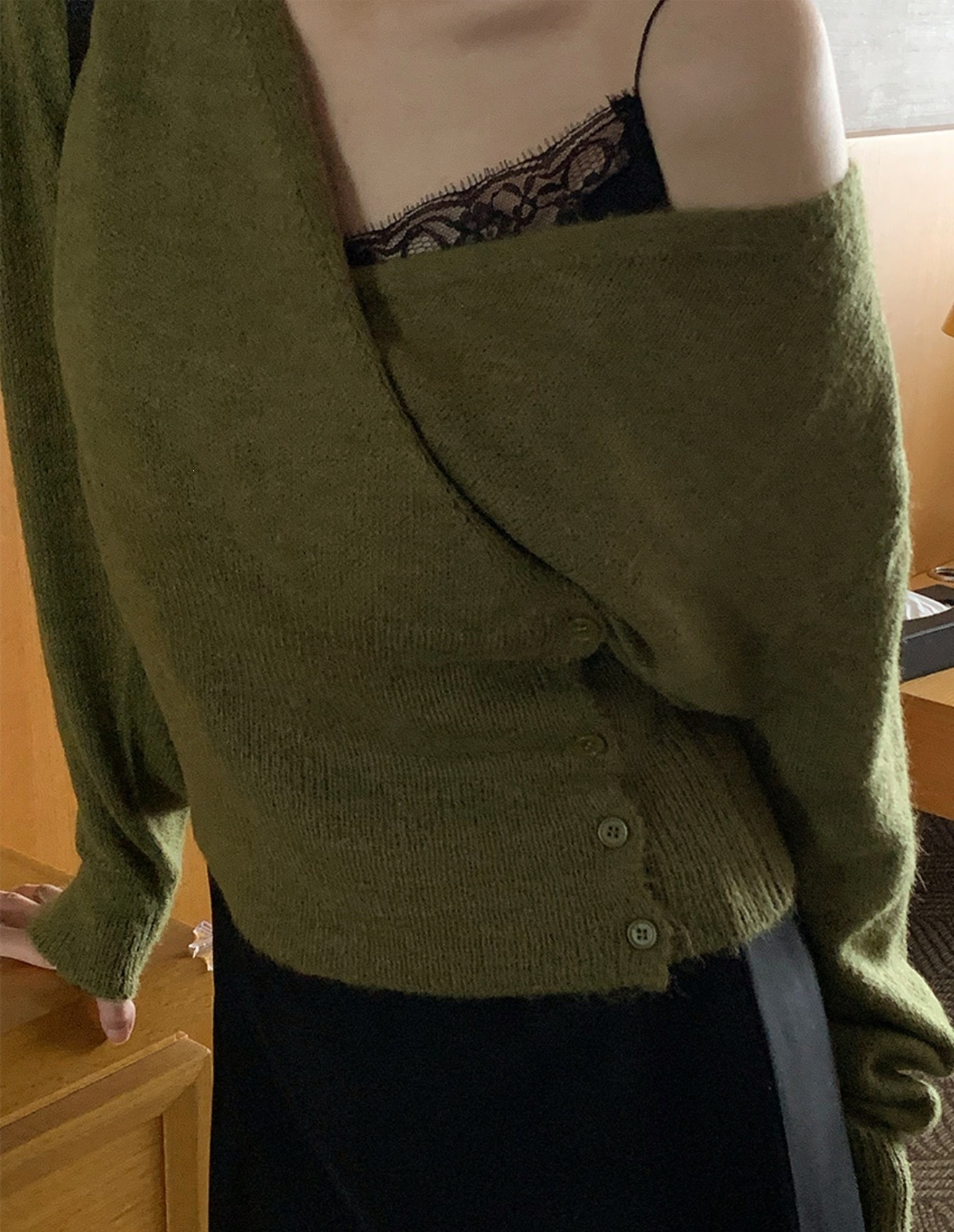 Korean Style V-Neck Diagonal Button Knit Sweater
