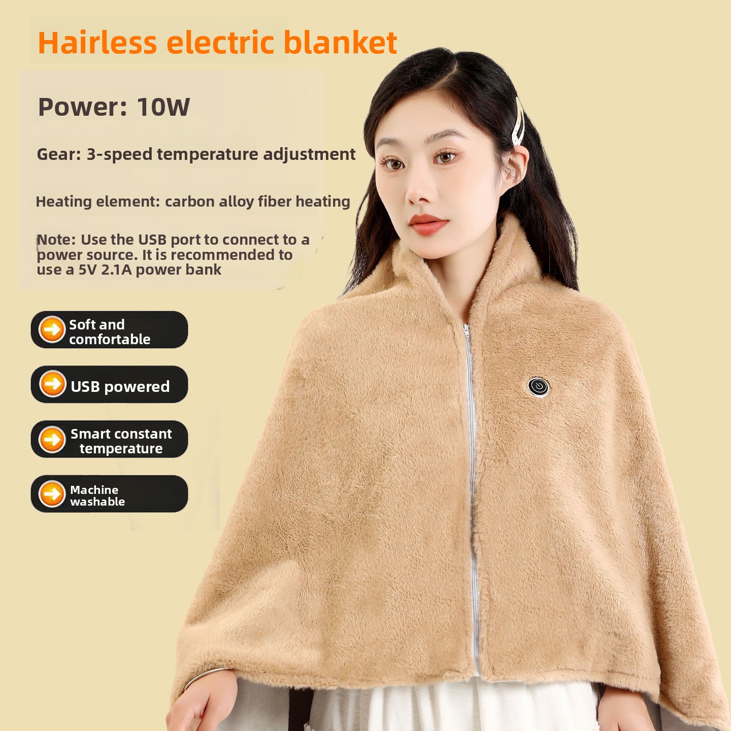 USB Heated Shawl Blanket with Graphene Heating, 3 Heat Levels