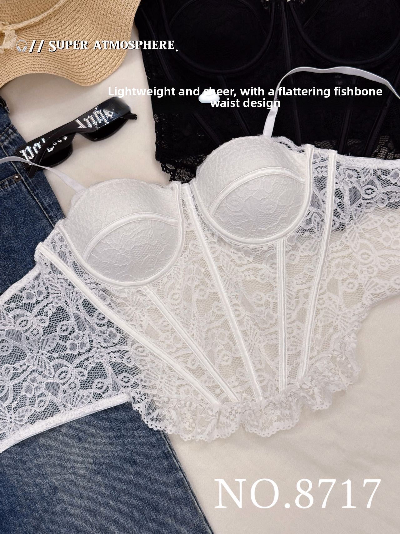 Women's Fishbone Strap Lace Top with Built-In Chest Pads