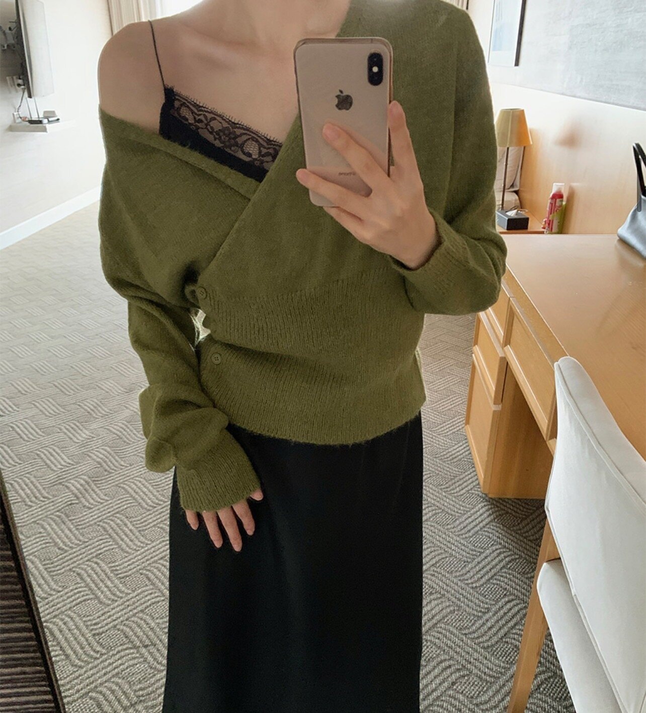 Korean Style V-Neck Diagonal Button Knit Sweater