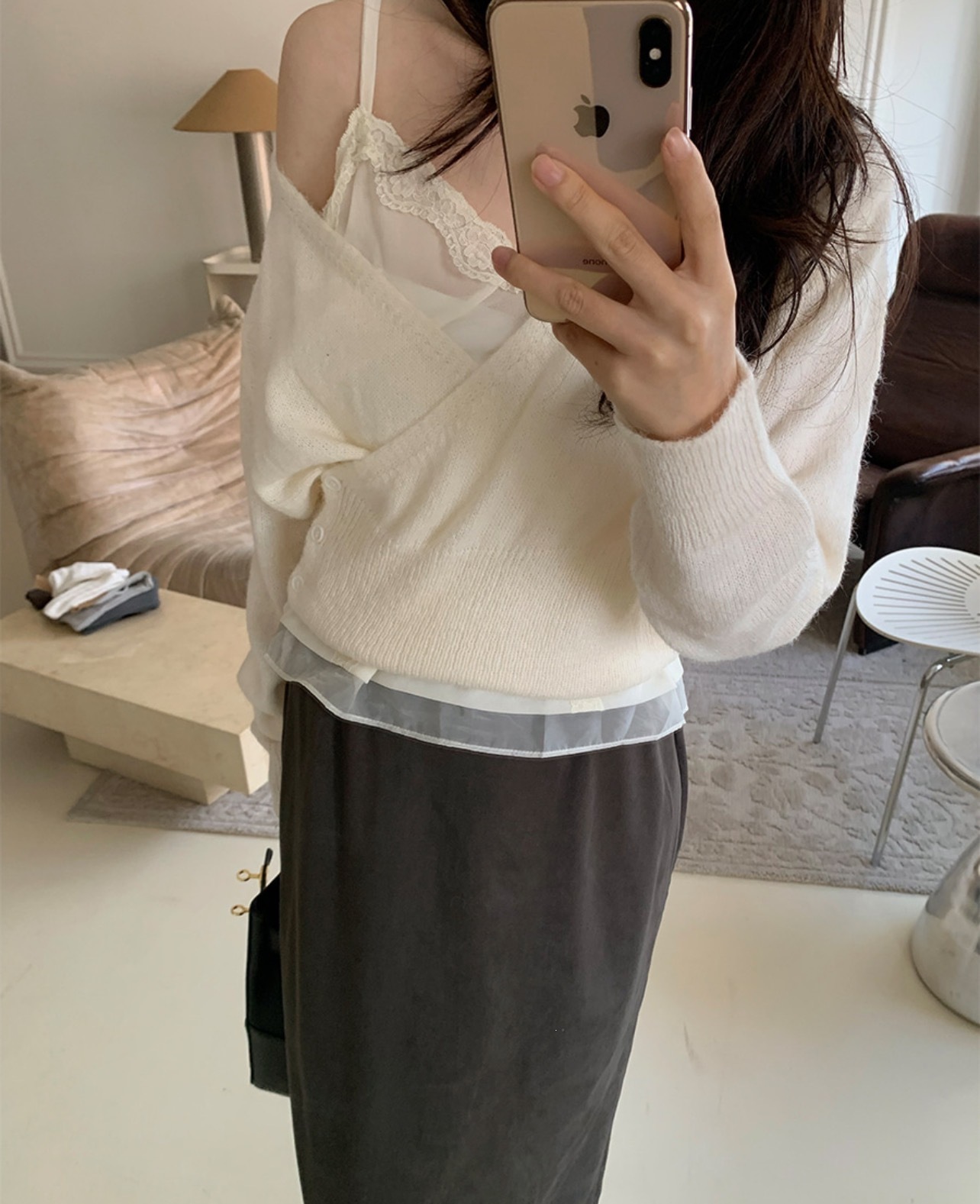 Korean Style V-Neck Diagonal Button Knit Sweater