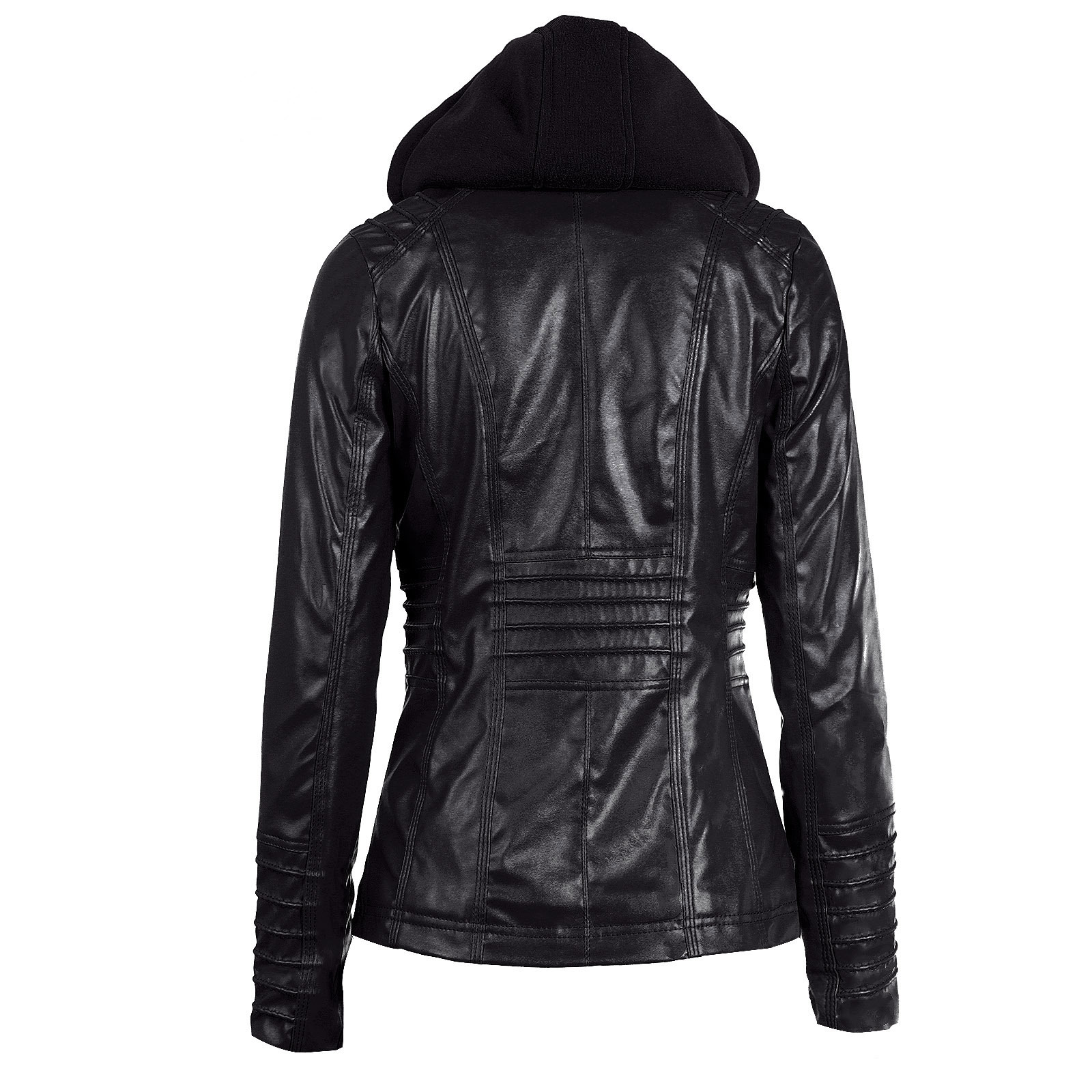 Women's Hooded Faux Leather Biker Jacket, Vintage Washed, Slim Fit