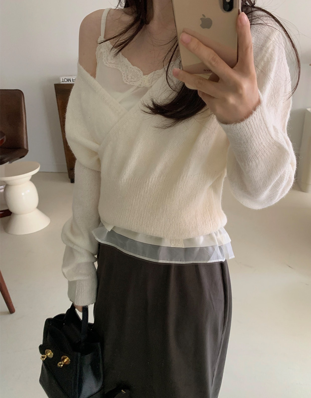 Korean Style V-Neck Diagonal Button Knit Sweater
