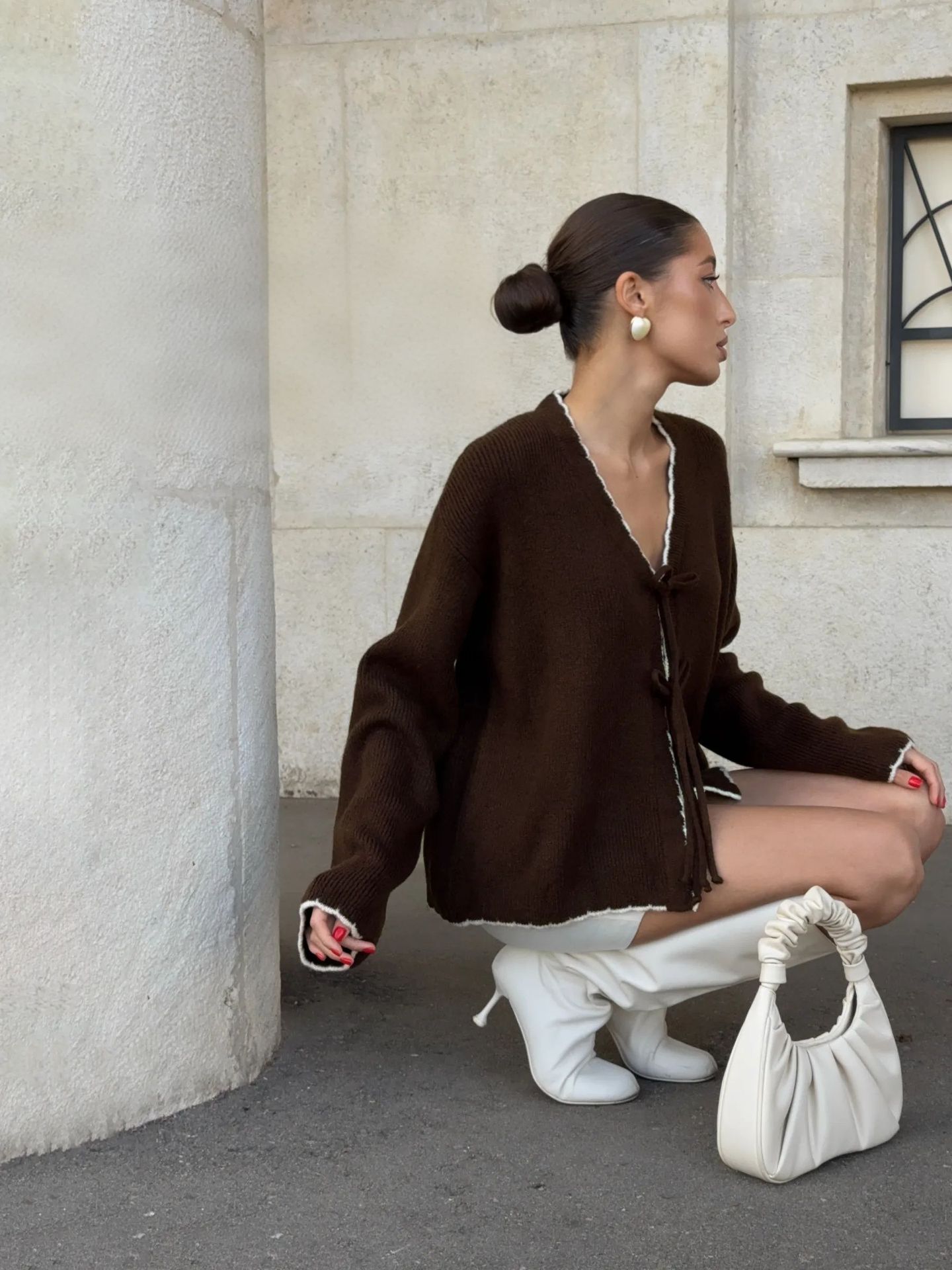 Women's Color-Block Knit Cardigan with Bow Tie, Loose V-Neck Sweater Coat