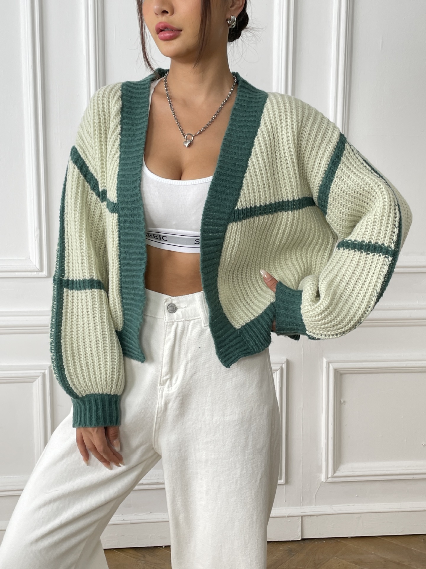 Women's Loose Color-Block Knit Cardigan with Lantern Sleeves