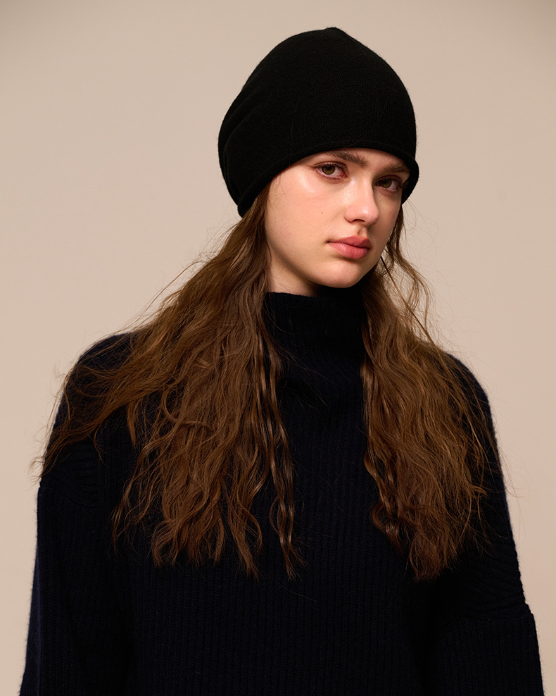 Women's Cashmere Knit Beanie with Curled Brim, Warm Dome Winter Hat