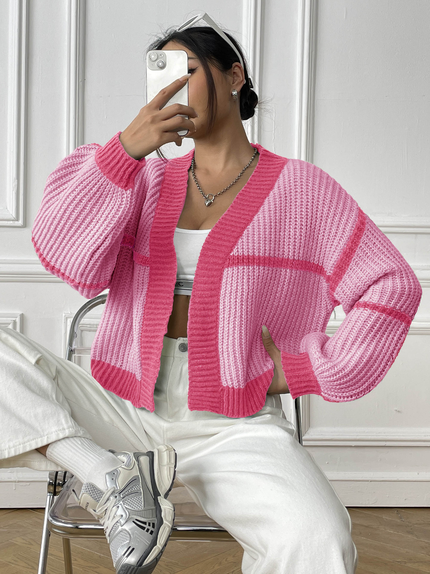 Women's Loose Color-Block Knit Cardigan with Lantern Sleeves