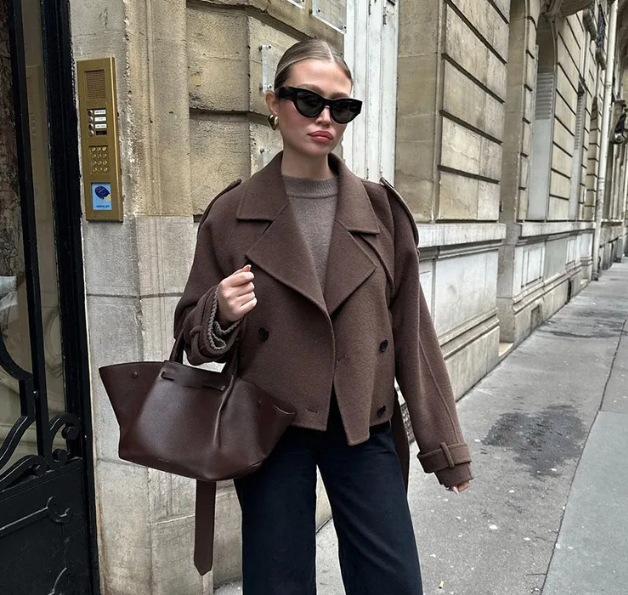 Women's Cropped Suit Collar Coat with Lace-Up Detail