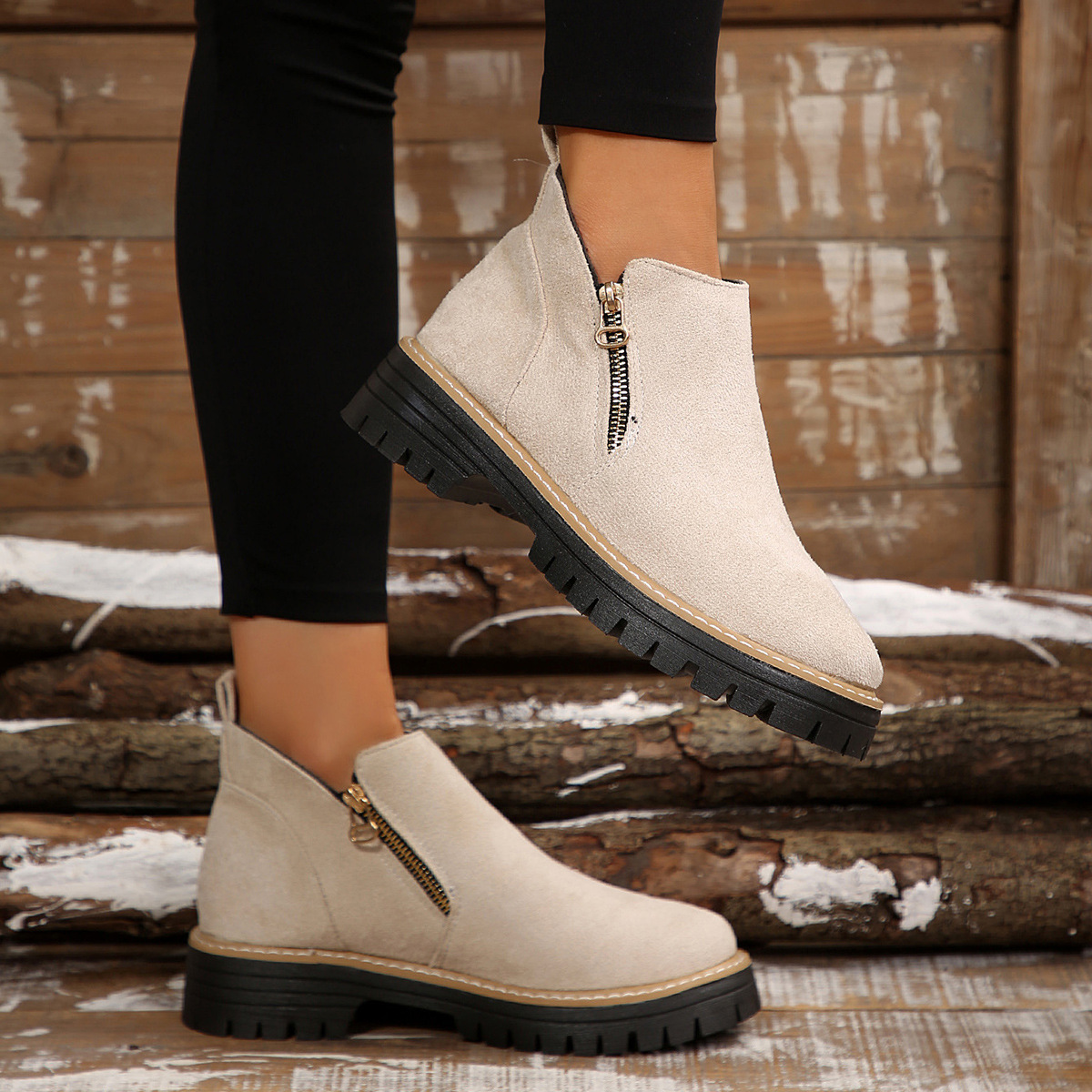 Women's Round Toe Side Zipper Square Heel Synthetic Leather Short Boots