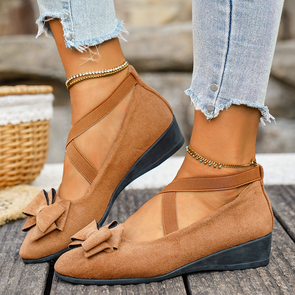 Women's Casual Wedge Shoes with Cross Strap Bow, Round Toe