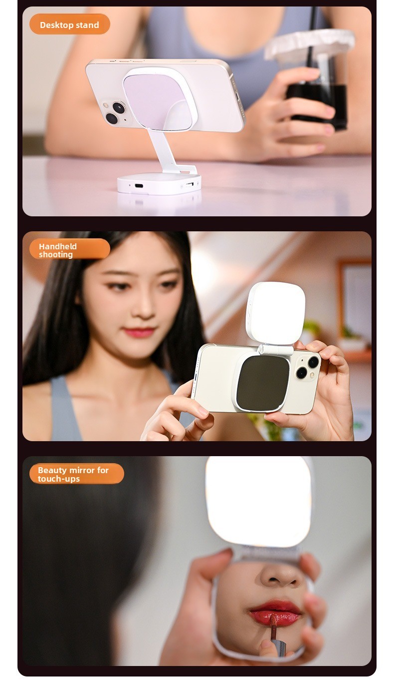 Mini Magnetic Selfie Light with Mirror, 3-Color Rechargeable Phone Fill Light