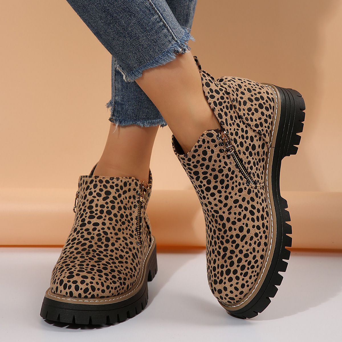 Women's Round Toe Side Zipper Square Heel Synthetic Leather Short Boots