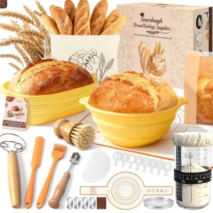 Silicone Bread Fermentation Basket Set, Household Baking Tools Including Scraper, Brush, Dough Beater, Fermentation Jar, Mold