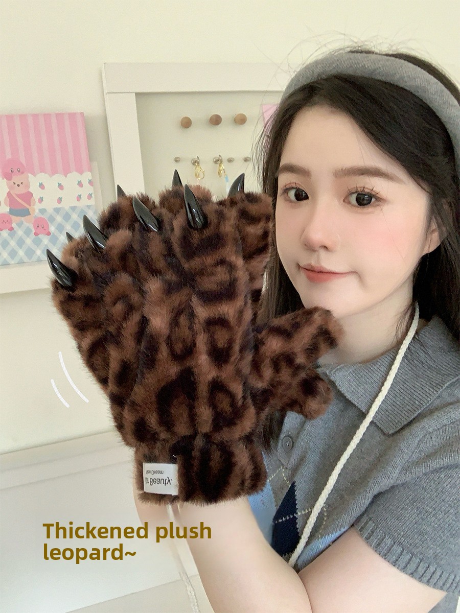 Unisex Leopard Print Plush Winter Gloves, Windproof Full Finger