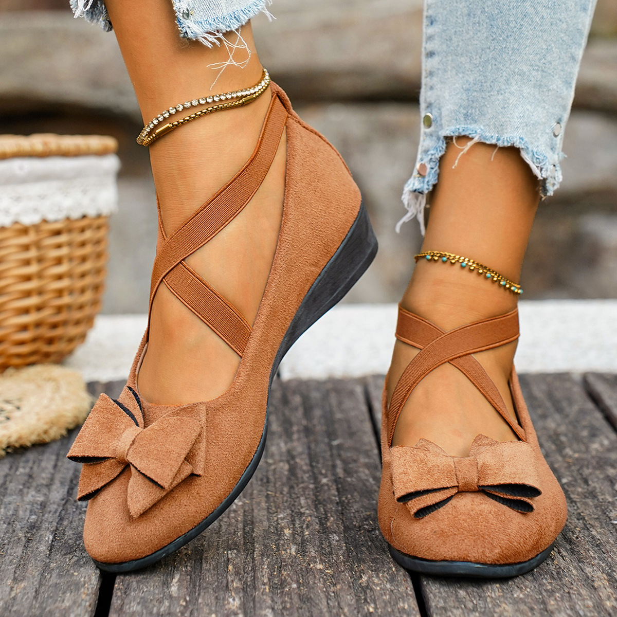 Women's Casual Wedge Shoes with Cross Strap Bow, Round Toe