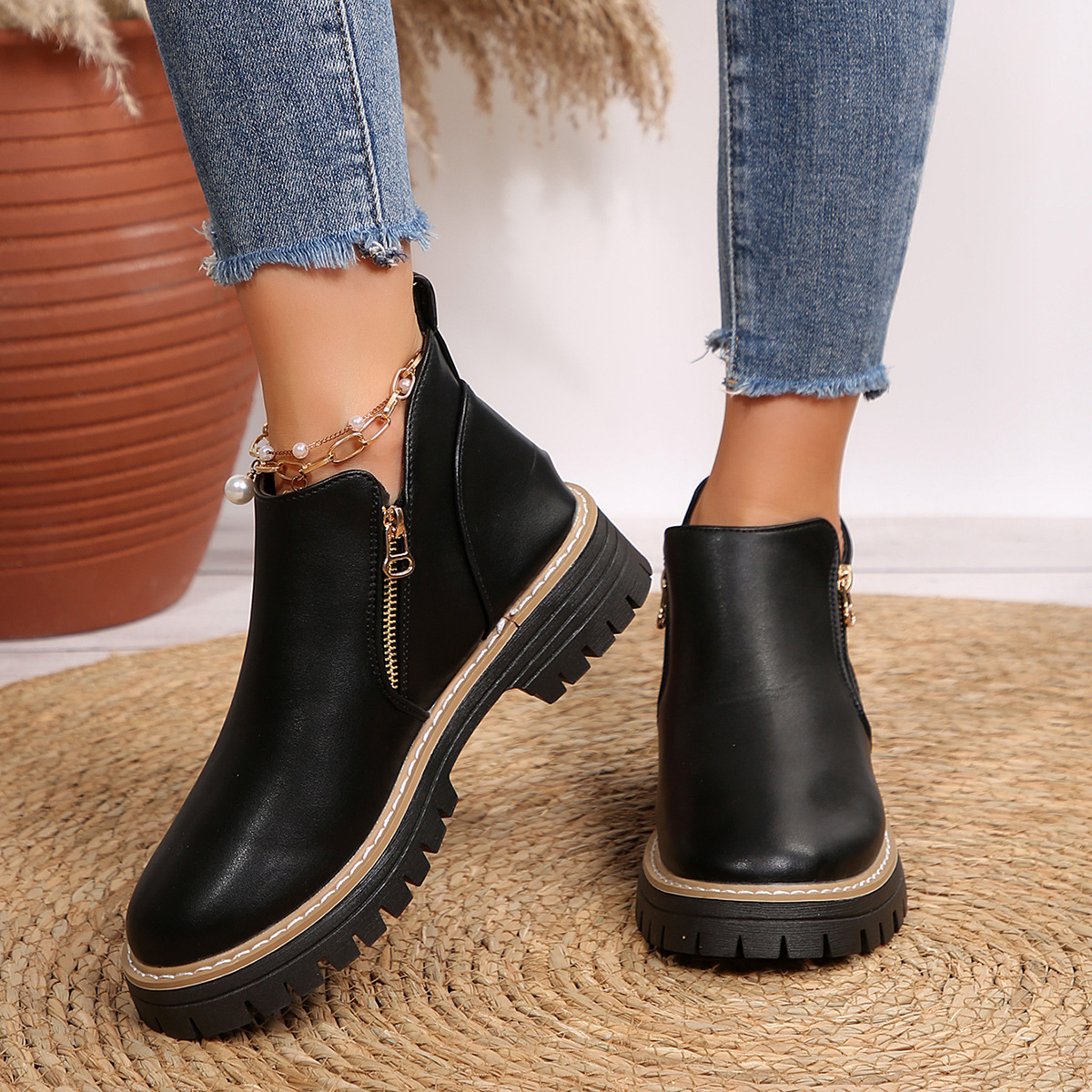 Women's Round Toe Square Heel Short Boots, Snake and Two-Tone Styles