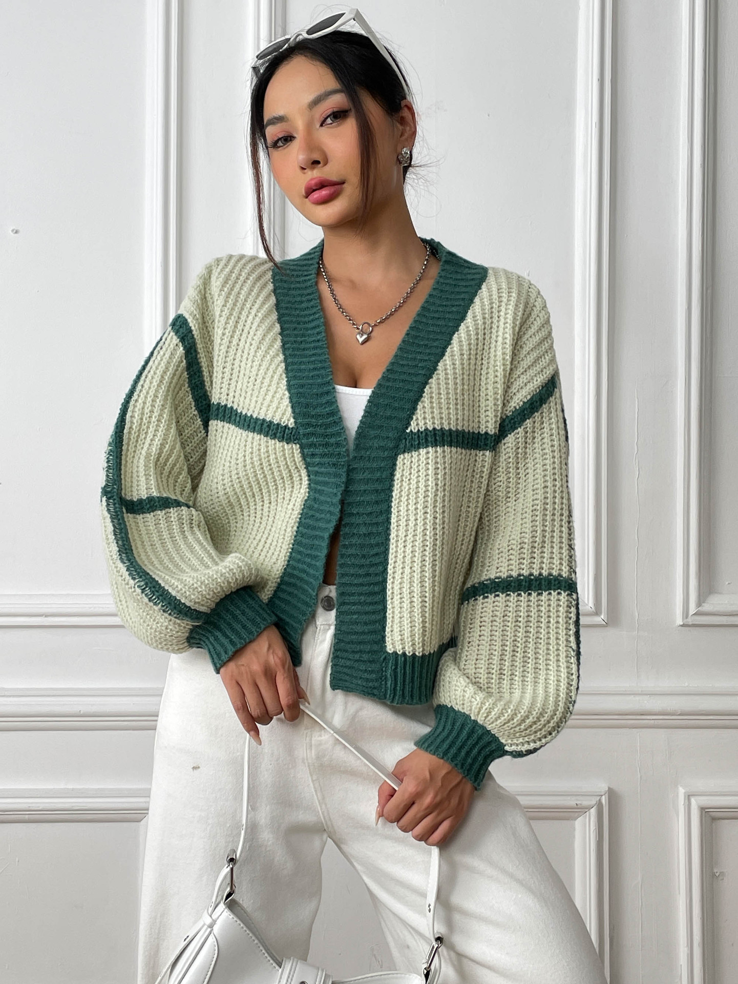 Women's Loose Color-Block Knit Cardigan with Lantern Sleeves