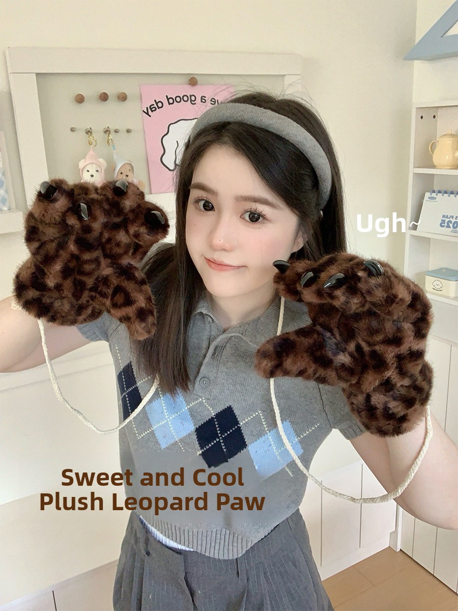 Unisex Leopard Print Plush Winter Gloves, Windproof Full Finger