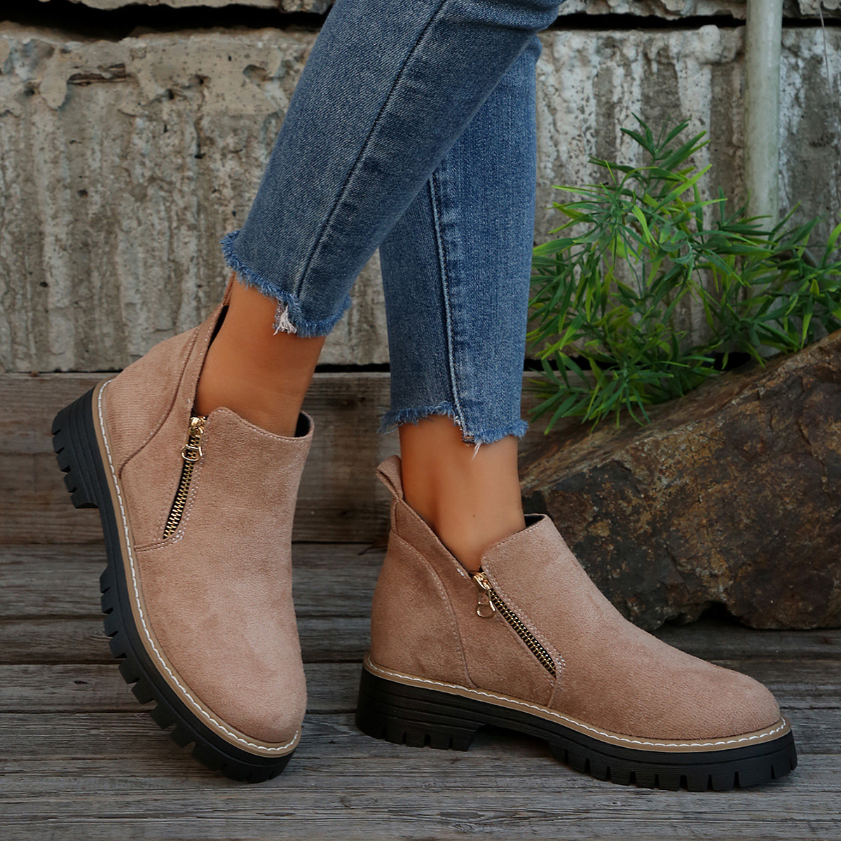 Women's Round Toe Square Heel Short Boots, Snake and Two-Tone Styles