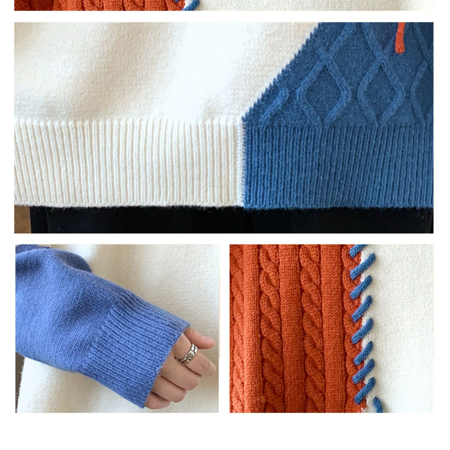 Patchwork Knit Pullover Sweater, Round Neck Long Sleeve