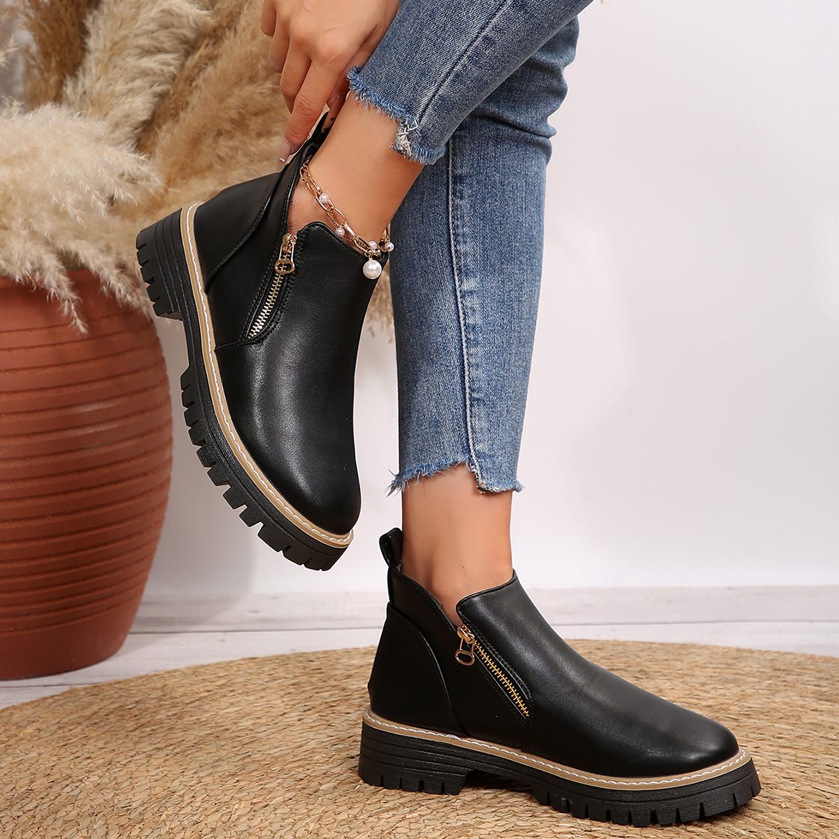 Women's Round Toe Square Heel Short Boots, Snake and Two-Tone Styles