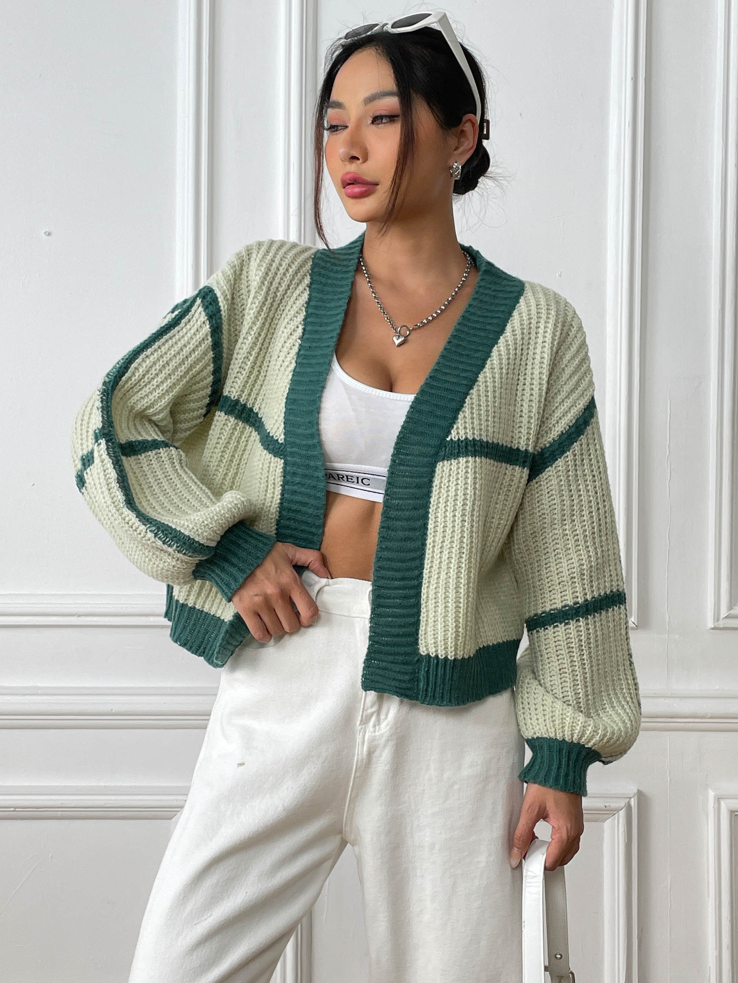 Women's Loose Color-Block Knit Cardigan with Lantern Sleeves