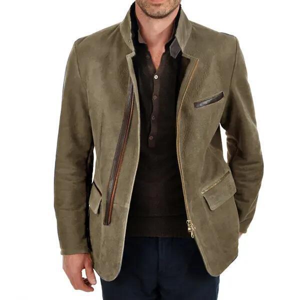 Men's Vintage Stand Collar Zipper Jacket Casual Long Sleeve Outerwear