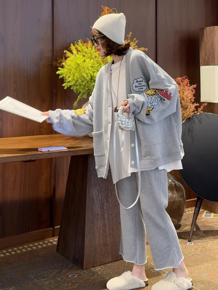 Gray Cartoon Print Button Sweatshirt Jacket, Plus Sizes