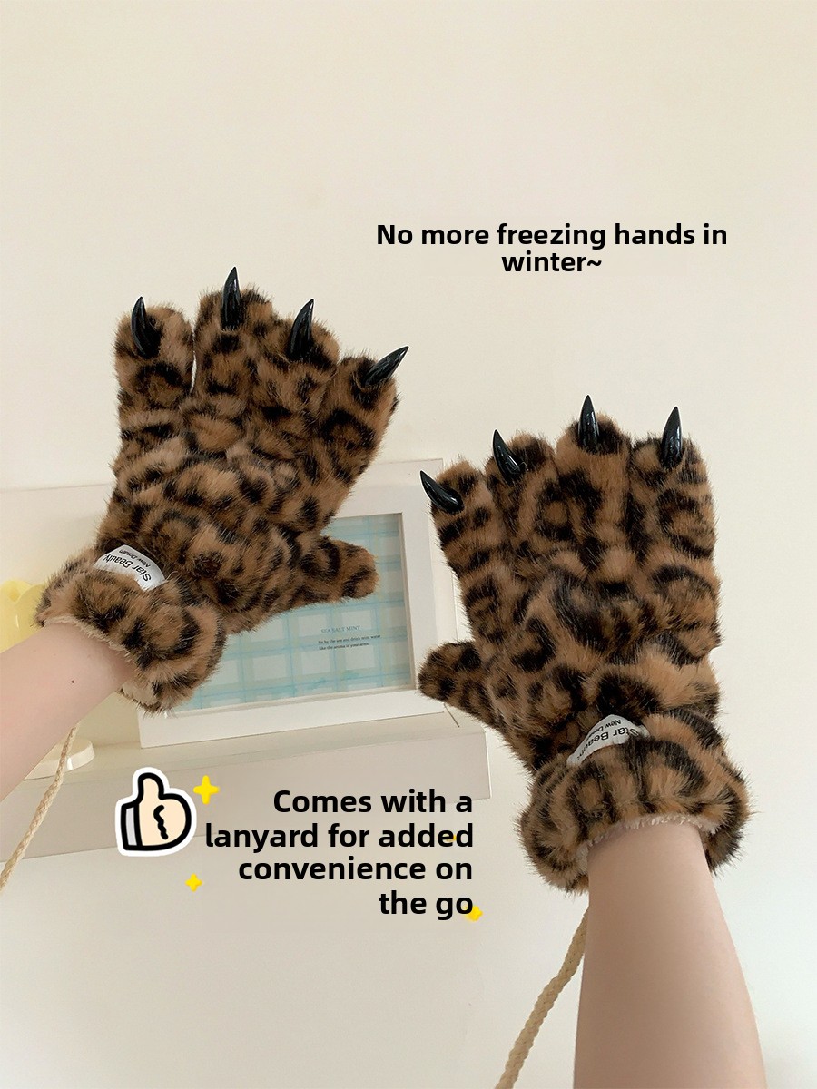 Unisex Leopard Print Plush Winter Gloves, Windproof Full Finger