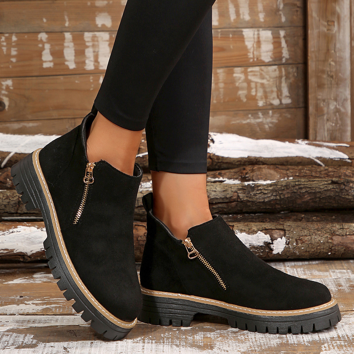 Women's Round Toe Square Heel Short Boots, Snake and Two-Tone Styles
