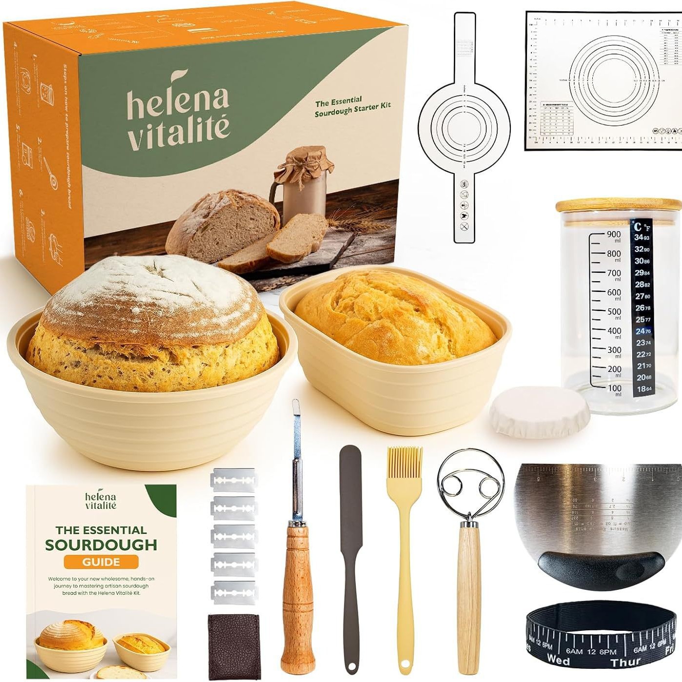 Silicone Bread Fermentation Basket Set, Household Baking Tools Including Scraper, Brush, Dough Beater, Fermentation Jar, Mold