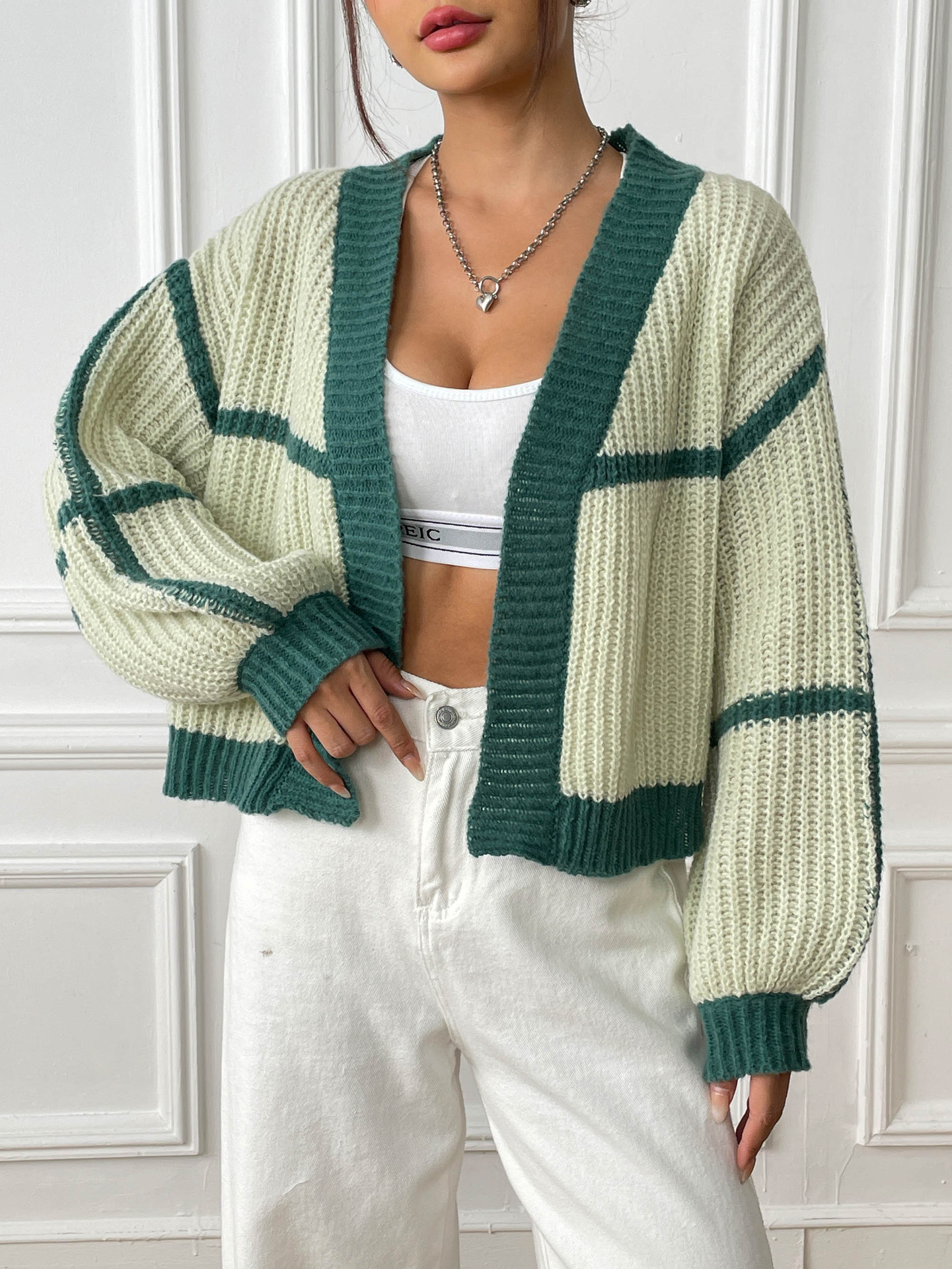 Women's Loose Color-Block Knit Cardigan with Lantern Sleeves