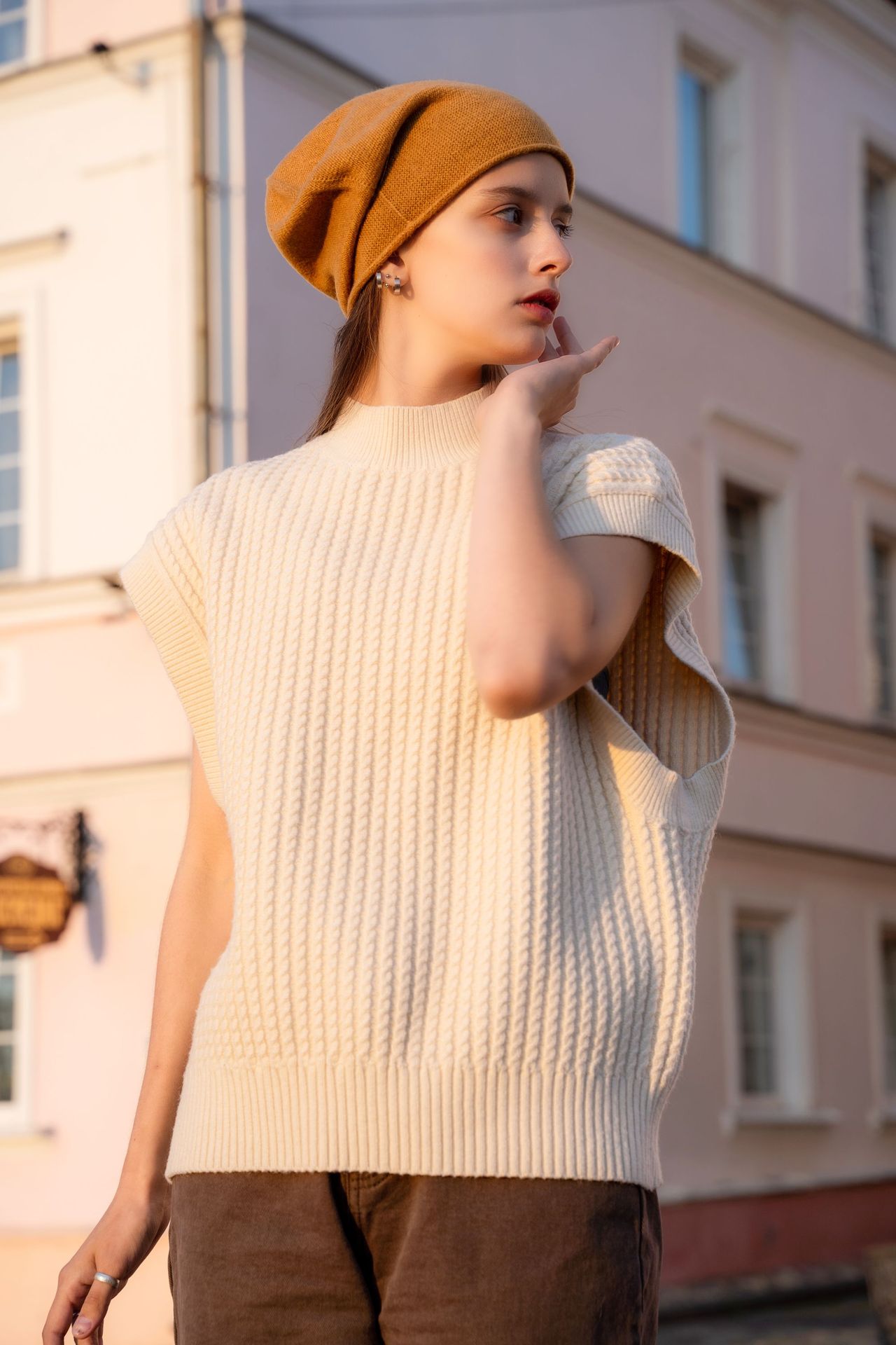 Women's Cashmere Knit Beanie with Curled Brim, Warm Dome Winter Hat