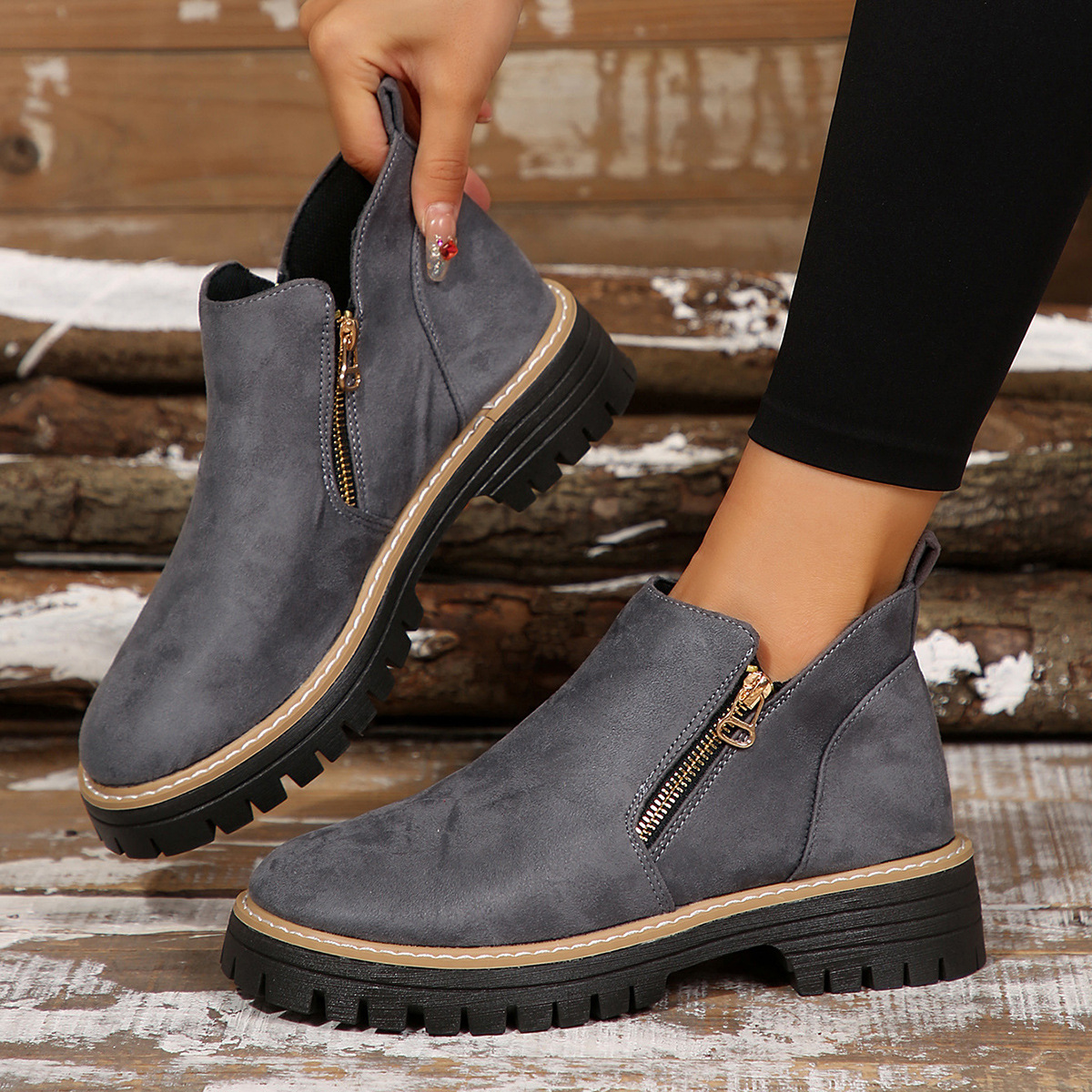 Women's Round Toe Square Heel Short Boots, Snake and Two-Tone Styles