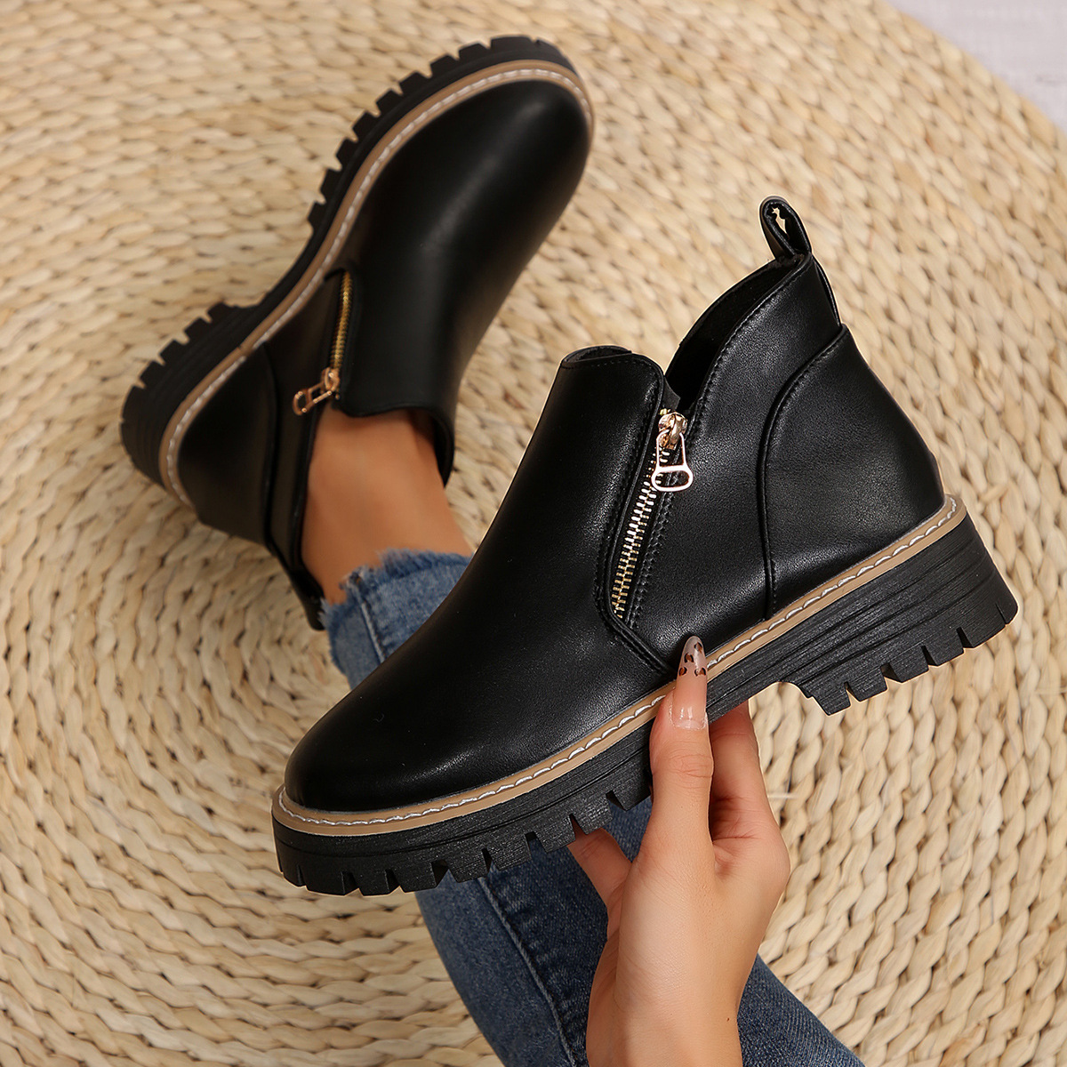 Women's Round Toe Square Heel Short Boots, Snake and Two-Tone Styles