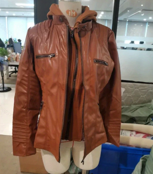 Women's Hooded Faux Leather Biker Jacket, Vintage Washed, Slim Fit