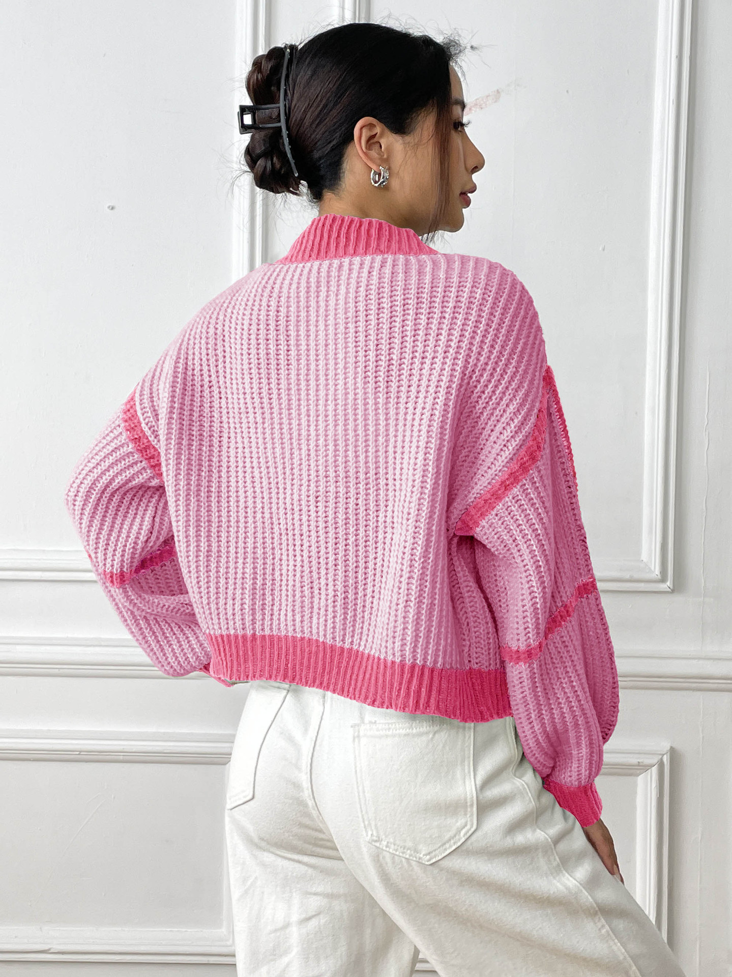 Women's Loose Color-Block Knit Cardigan with Lantern Sleeves