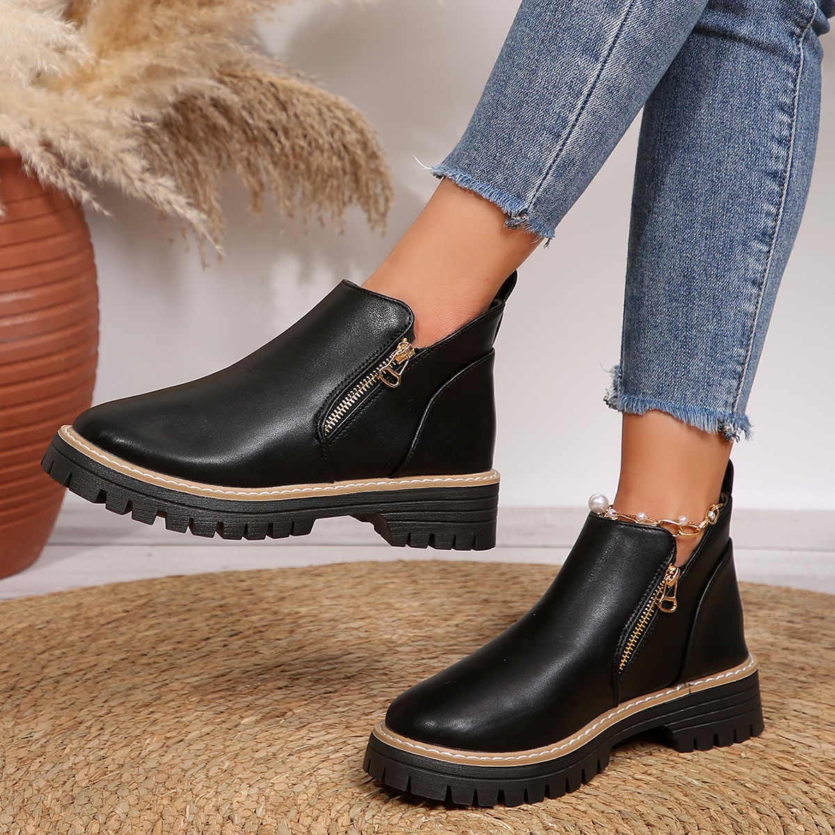 Women's Round Toe Square Heel Short Boots, Snake and Two-Tone Styles