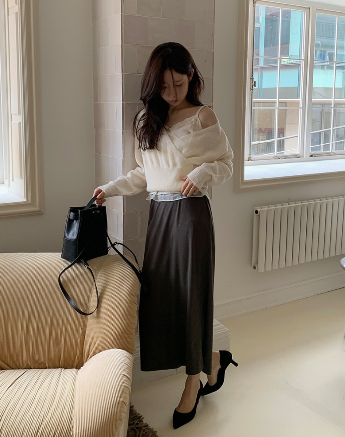 Korean Style V-Neck Diagonal Button Knit Sweater