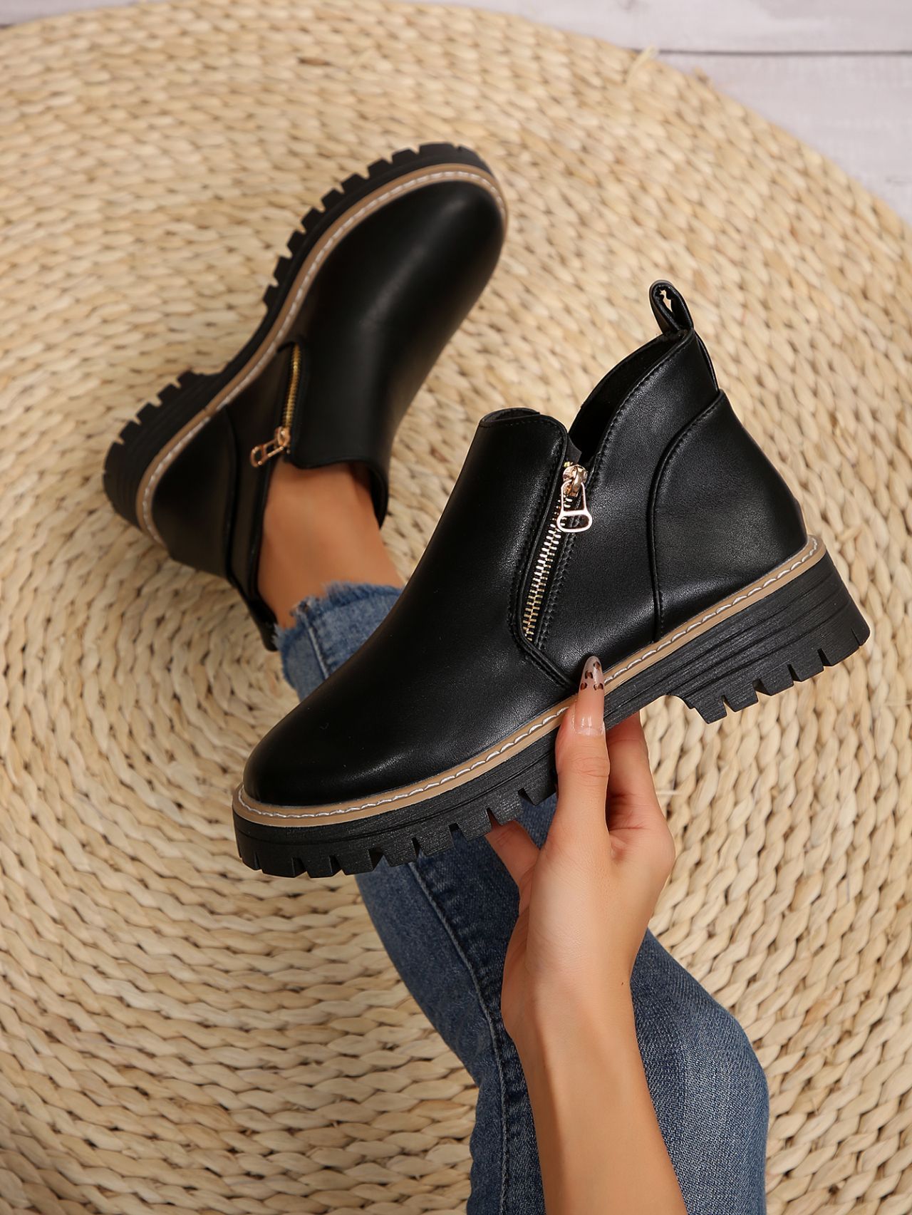 Women's Round Toe Side Zipper Square Heel Synthetic Leather Short Boots