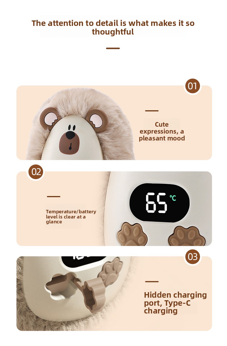 Plush Rechargeable Hand Warmer with Digital Display and Portable Design
